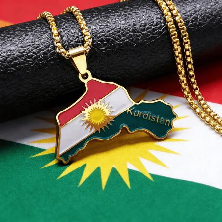 Collier avec pendentif en acier inoxydable représentant la carte de la région du Kurdistan