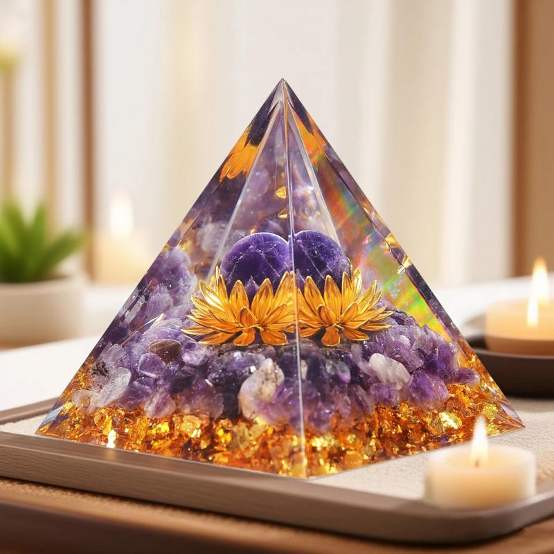 Pyramide d'améthyste et de lotus : Décoration spirituelle et cristal de guérison
