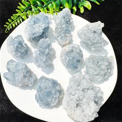 Cristallo di celestina naturale: pietra grezza e cluster di druse (3,5-4 cm)