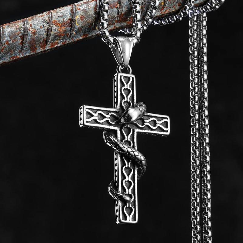 Collana con croce e serpente in acciaio inossidabile - Gioielli punk e alla moda