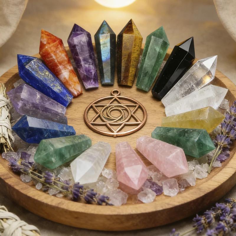 Ensemble tour de cristal d'améthyste et de quartz - Pendule et baguette de guérison