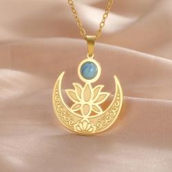Buddhistische Lotus- und Mondkette | Türkisfarbener Edelstahl