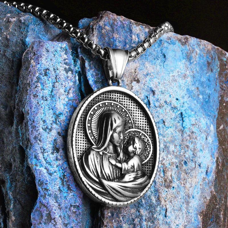 Collier pendentif Vierge Marie en acier inoxydable - Amulette puissante