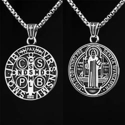 Collier pendentif croix de Saint Benoît en acier inoxydable - Homme et Femme