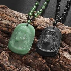 Collana con ciondolo vintage in ossidiana di Gesù - Gioielli cattolici spirituali
