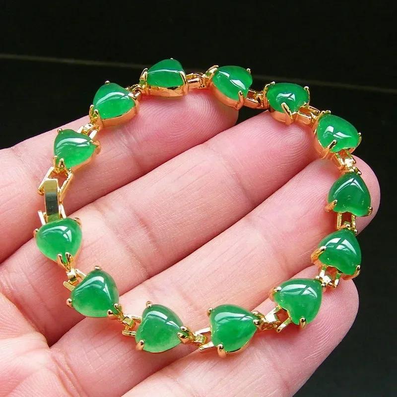 Bracelet jonc en jade vert en forme de cœur | Argent sterling et pierres précieuses...