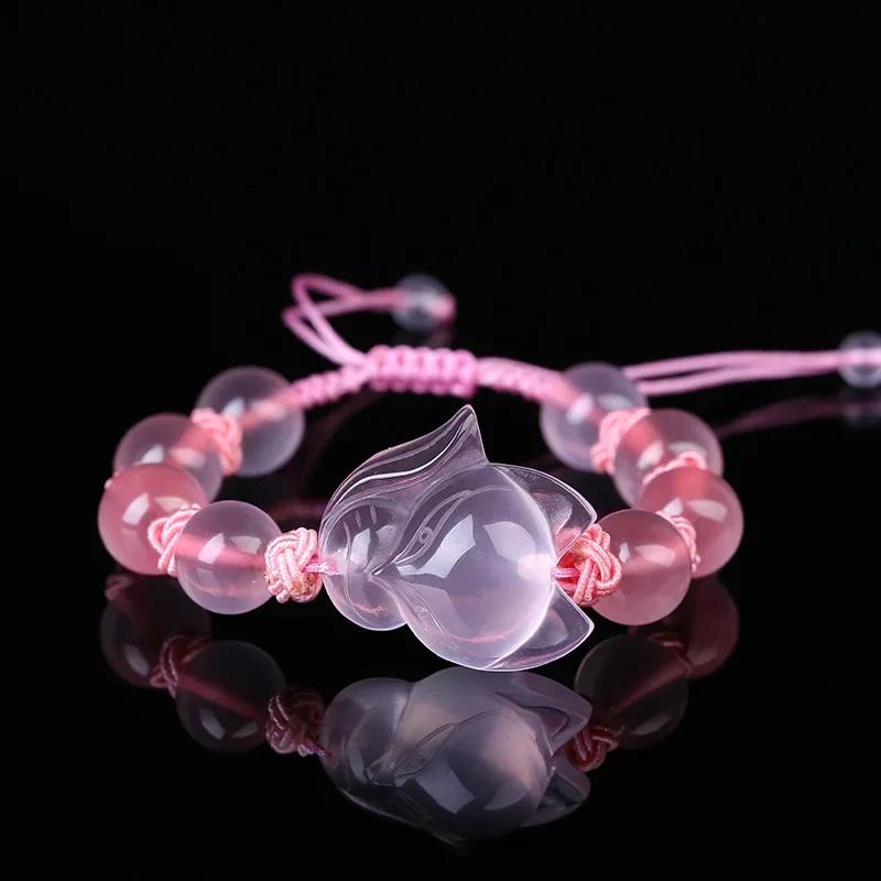 Armband mit Fuchsmotiv aus natürlichem rosa Achat | Chinesische Jade & Schnitzerei