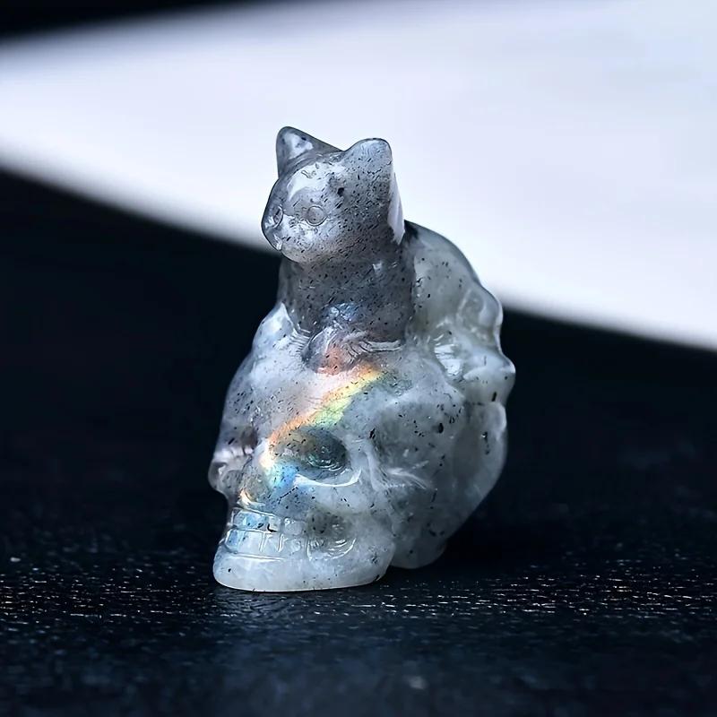 Figurine de chat crâne en cristal sculpté à la main | Décoration et cadeau d'Halloween