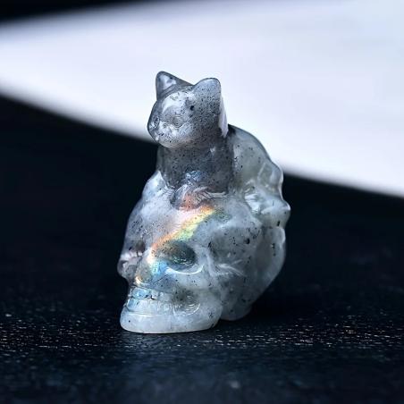 Figurine de chat crâne en cristal sculpté à la main | Décoration et cadeau d'Halloween