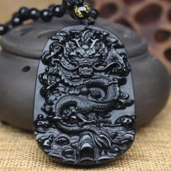 Collier pendentif dragon du zodiaque en obsidienne pour homme - Amulette porte-bonheur