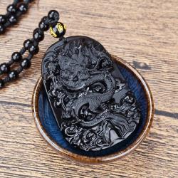 Collier pendentif dragon du zodiaque en obsidienne pour homme - Amulette porte-bonheur