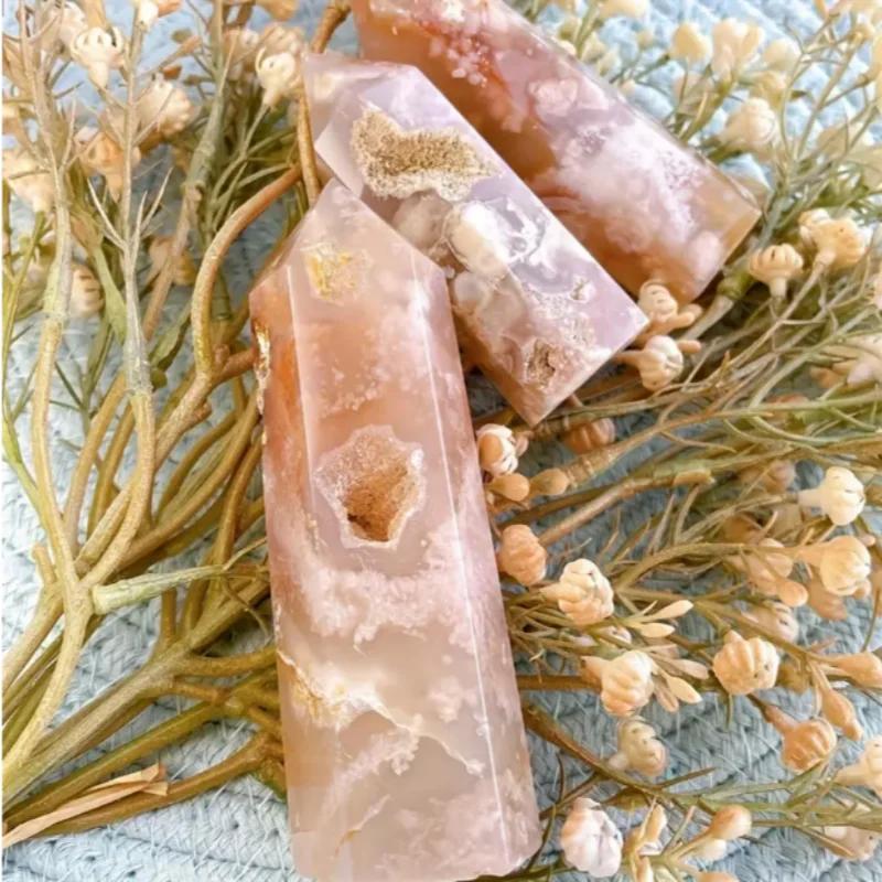 Tour de cristal en quartz rose et agate sakura - Cadeau de guérison Reiki