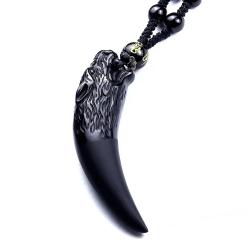 Collana con ciondolo a forma di dente di lupo in ossidiana nera - Protezione e fortuna