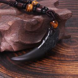 Collier pendentif en dent de loup en obsidienne noire - Protection et chance