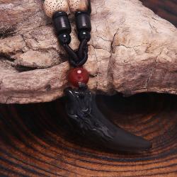 Collier pendentif en dent de loup en obsidienne noire - Protection et chance