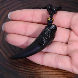 Collier pendentif en dent de loup en obsidienne noire - Protection et chance