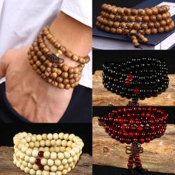 Tibet Mala Bileklik: 108 Ahşap Boncuk, Lotus ve OM Sembolü