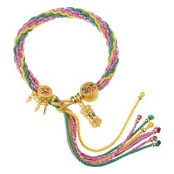 Armbänder im tibetischen Stil: Handgewebte Anhänger mit grüner Tara und Reichtumssymbolen
