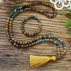 Mala in occhio di tigre naturale e onice | Collana da meditazione con 108 perle