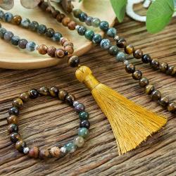 Mala in occhio di tigre naturale e onice | Collana da meditazione con 108 perle