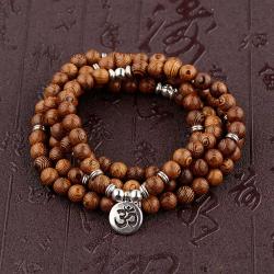 Bracciale Mala buddista tibetano - Perline di legno e ciondolo di loto