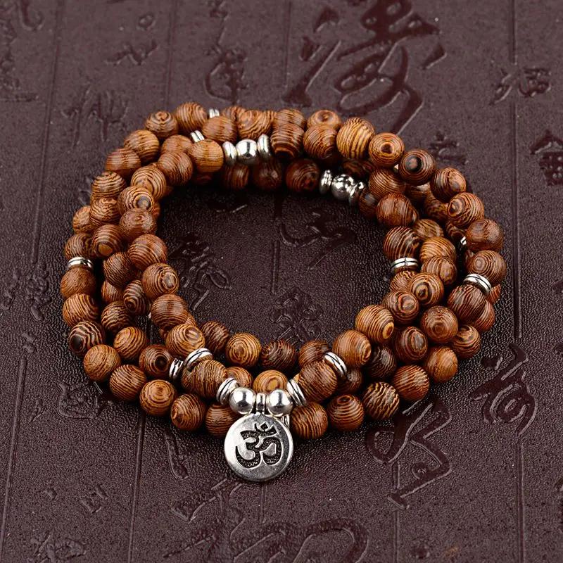 Bracciale Mala buddista tibetano - Perline di legno e ciondolo di loto