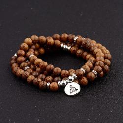 Bracciale Mala buddista tibetano - Perline di legno e ciondolo di loto
