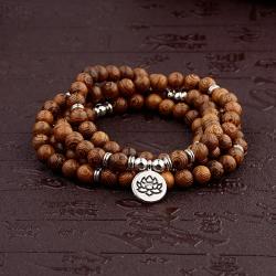 Bracciale Mala buddista tibetano - Perline di legno e ciondolo di loto