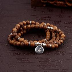 Bracciale Mala buddista tibetano - Perline di legno e ciondolo di loto