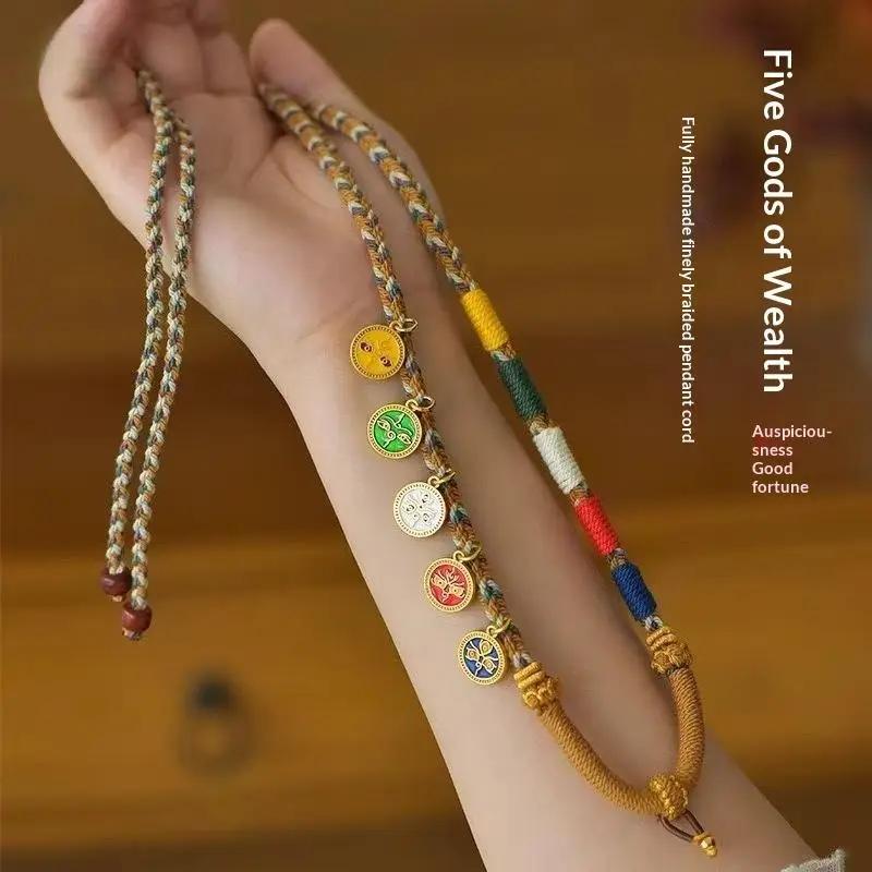 Collier de perles Dzi tibétaines | Amulette en corde de coton tissée à la main