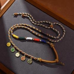 Collier de perles Dzi tibétaines | Amulette en corde de coton tissée à la main