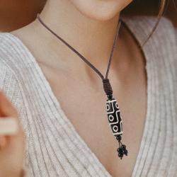 Tibetan Agate Dzi Bead Pendant Necklace - Blessing & Fortune