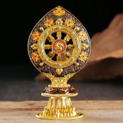 Ruota dorata in ottone tibetano - Autentico decoro buddista tantrico