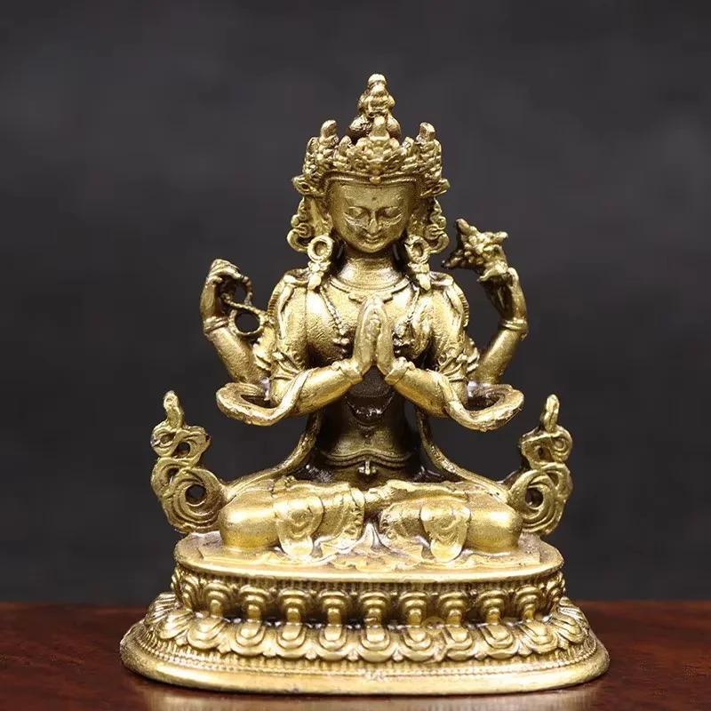 Statue tibétaine d'Avalokiteshvara : Quatre bras, décoration spirituelle pour la maison