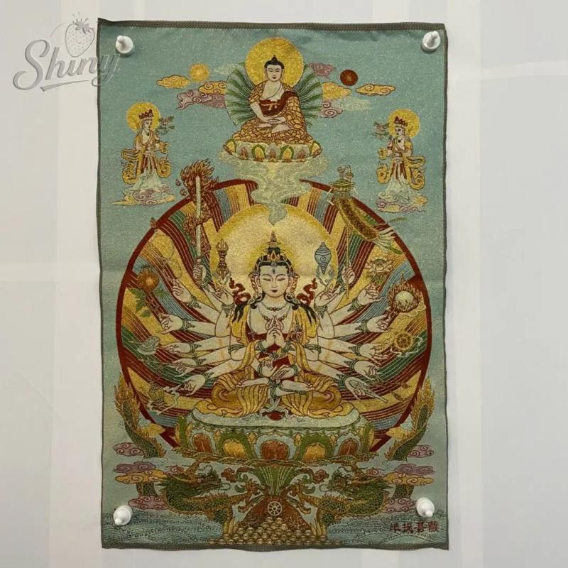Embroidered Avalokiteshvara Thangka Tapestry - Tibetan Buddhist Decor
