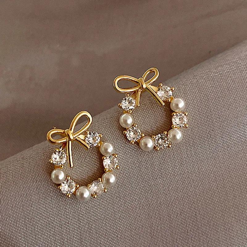 Orecchini a fiocco minimalisti per donna | Strass e perle