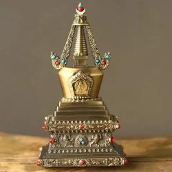 Tibetan Bronze Stupa Statue: Intricate Engraving, Pearl & Gemstones