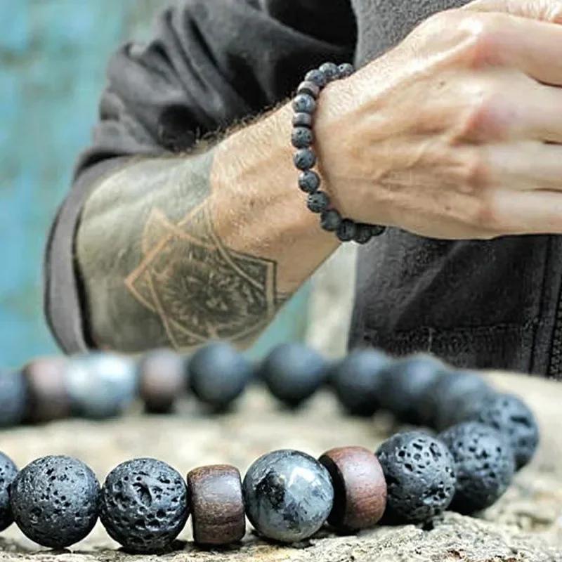 Bracelet pour homme en perles de pierre volcanique et de bois | Style tibétain fait main