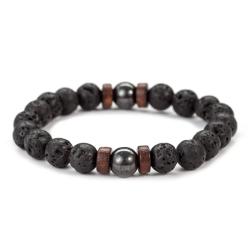 Bracelet pour homme en perles de pierre volcanique et de bois | Style tibétain fait main