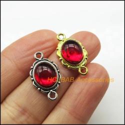 Tibetan Silver Oval Charms with Red Cloud Glaze - 15 Pack