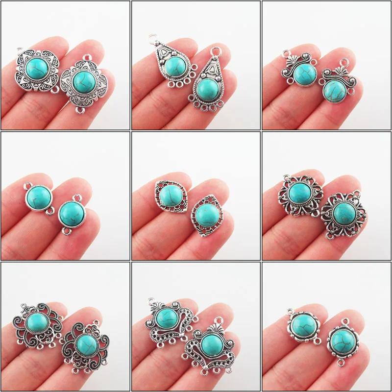 Pendentifs et breloques en argent tibétain en forme de larme et turquoise
