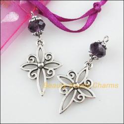 Purple Crystal Cross Charms - 10 Pcs Tibetan Silver Jewelry