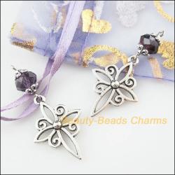 Purple Crystal Cross Charms - 10 Pcs Tibetan Silver Jewelry