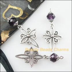 Purple Crystal Cross Charms - 10 Pcs Tibetan Silver Jewelry