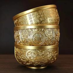 Ciotola per bere in bronzo e rame tibetano - Incisa e di buon auspicio