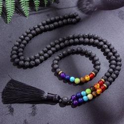 Meditasyon ve Yoga için Siyah Lav Taşı 7 Çakra Mala Kolye
