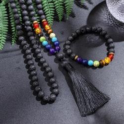 Meditasyon ve Yoga için Siyah Lav Taşı 7 Çakra Mala Kolye