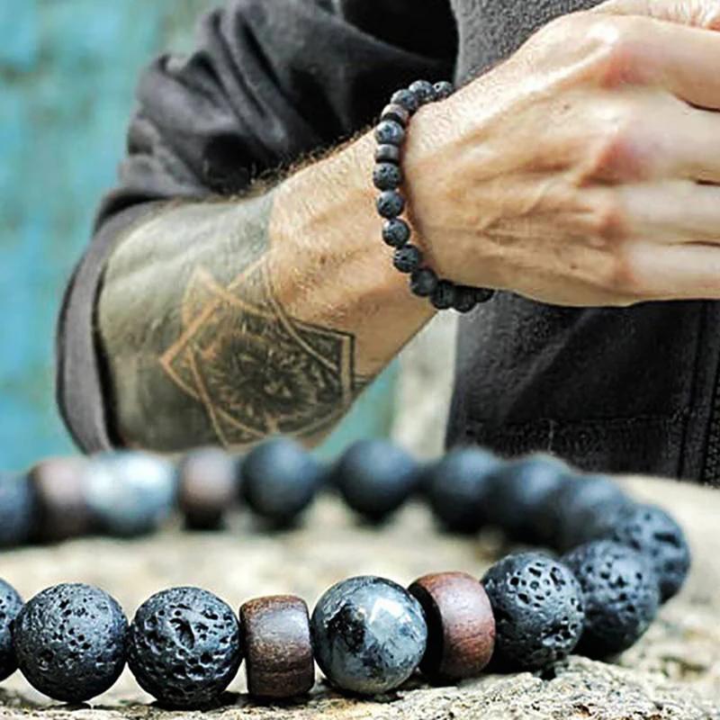 Bracciale con perline di lava e legno - Regali per uomo/donna in pietra vulcanica