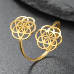 Bague Fleur de Vie creuse | Bijou ajustable en acier inoxydable