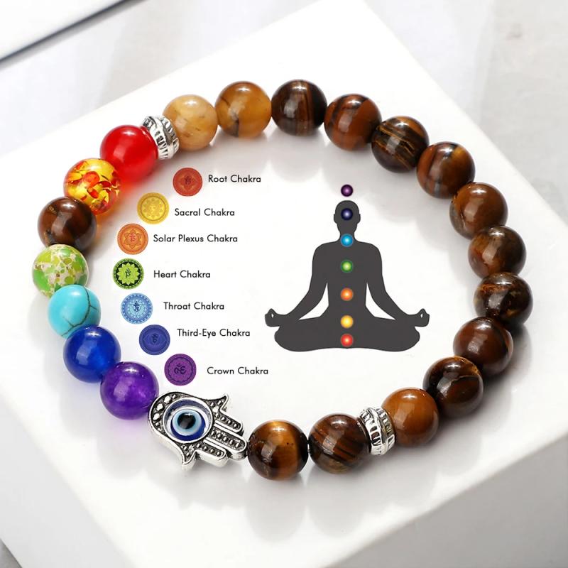 Bracelet 7 chakras pour homme avec œil de tigre, lave et agate